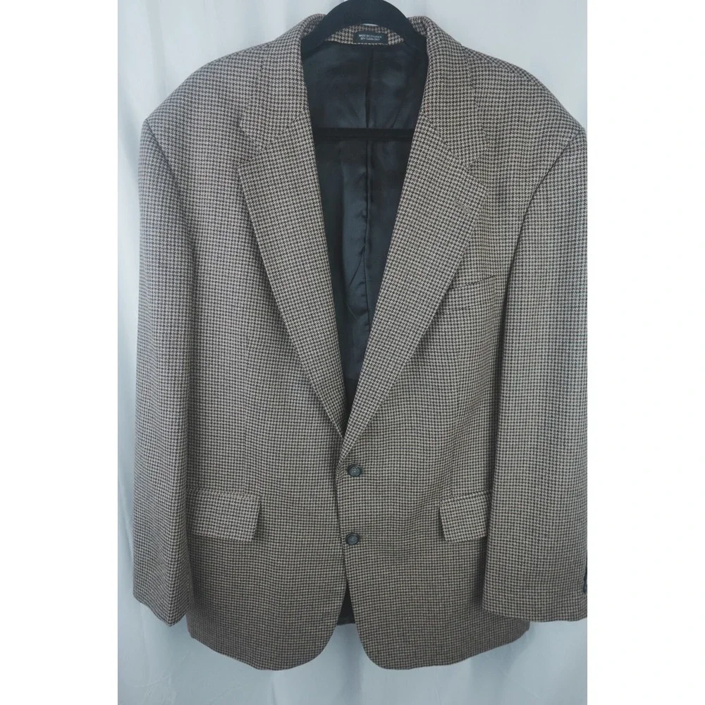 Robert Stock 46R Silk Wool‎ Blend Houndstooth Tan Brown Check Sport Coat Blazer